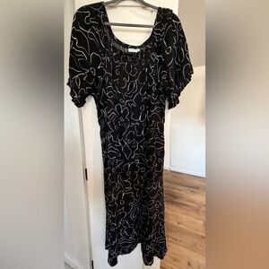 Bobeau Black Midi Dress with White Floral Pattern